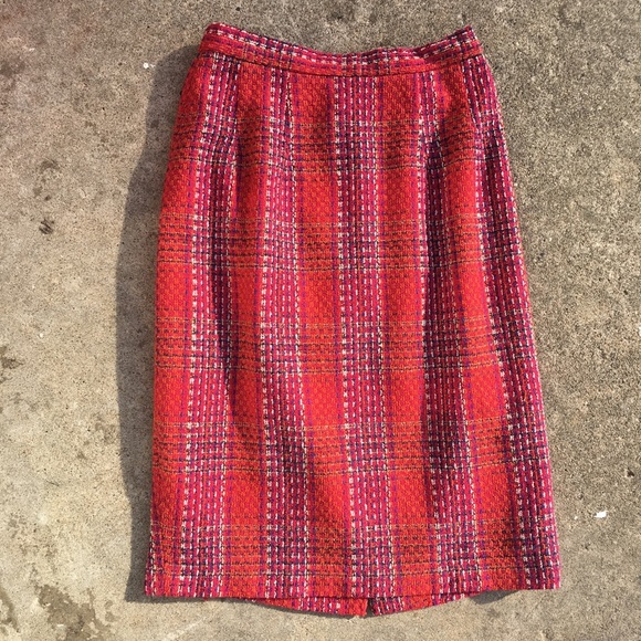 Vintage Dresses & Skirts - Vintage Red Purple Plaid Wool Tweed Skirt